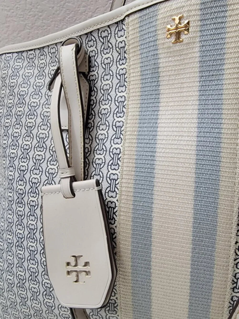 Tory Burch Gemini Link Large Tote Blue White Coated Canvas Leather Trim Bag
